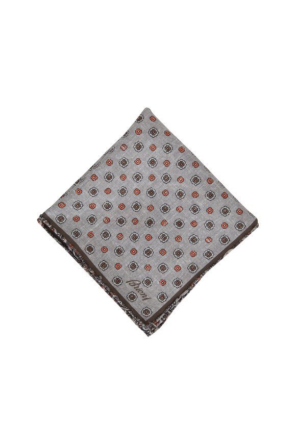 Brioni - Gray & Orange Paisley Silk Pocketsquare