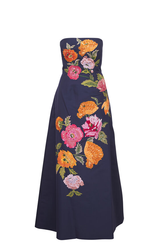 Carolina Herrera Blue Embroidered Strapless A-Line Gown