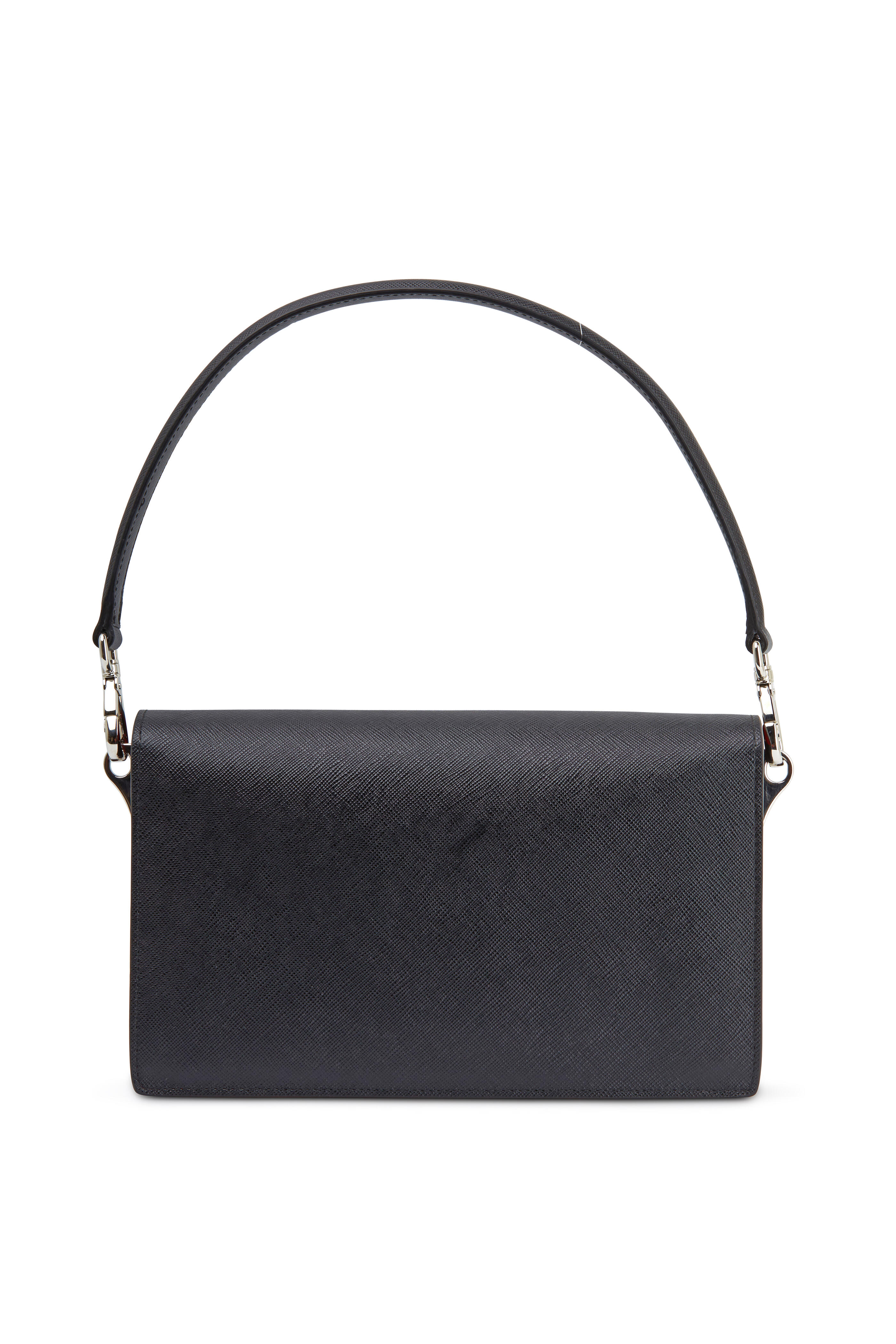 87551-P BLACK Metal Bar Handle Accent Saffiano Flap Shoulder Bag