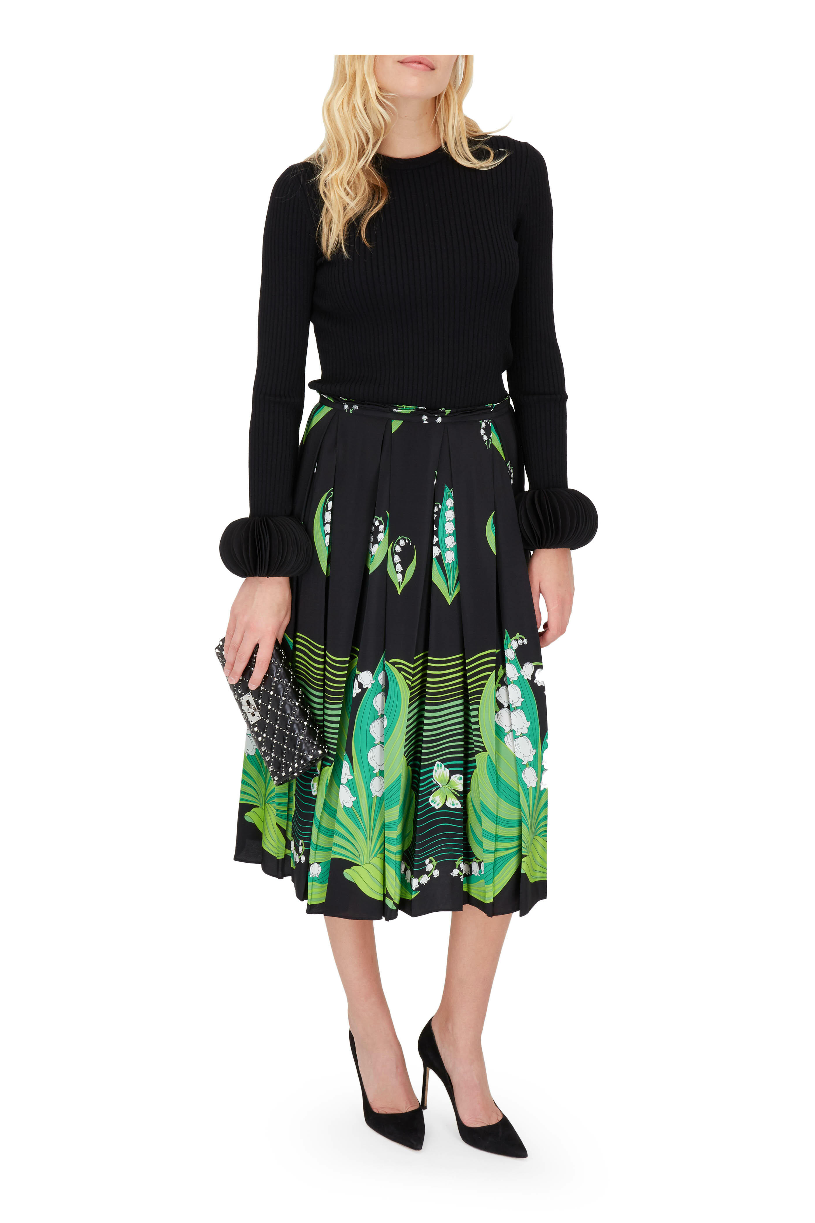 Valentino - Black Stretch Viscose Pagine Embroidered Cuff Top