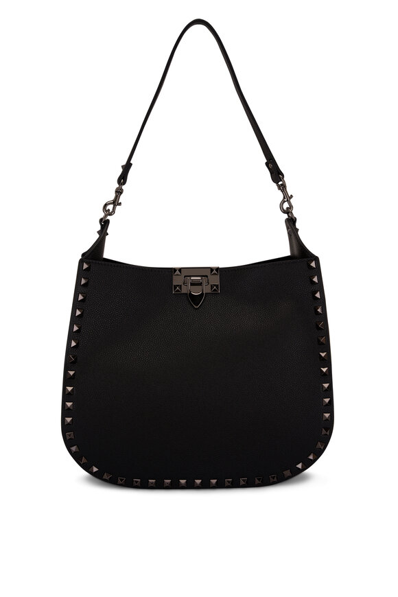 Valentino Garavani Small Rockstud Black Grain Leather Hobo Bag 