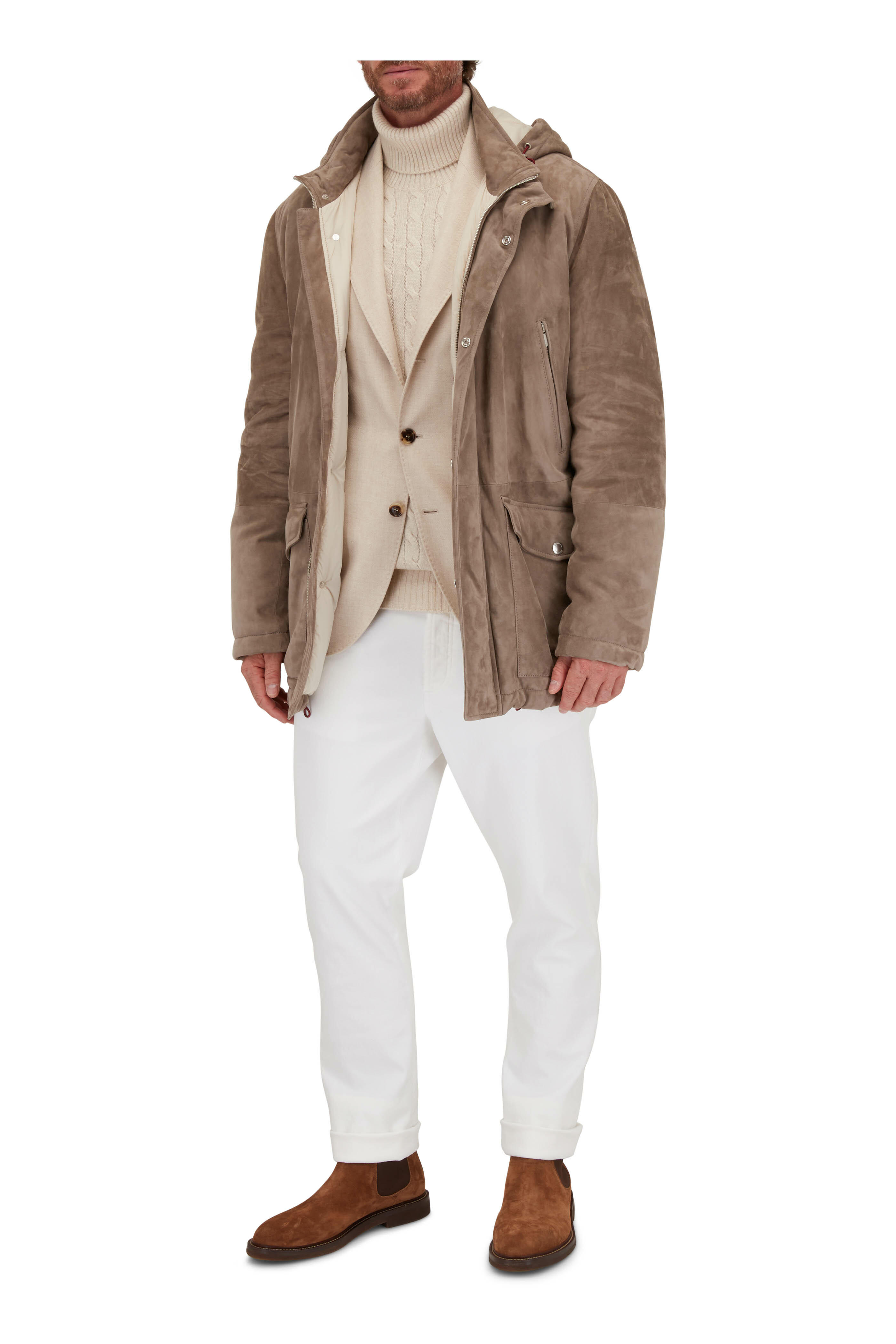 Brunello Cucinelli - Gray Suede Hooded Parka | Mitchell Stores