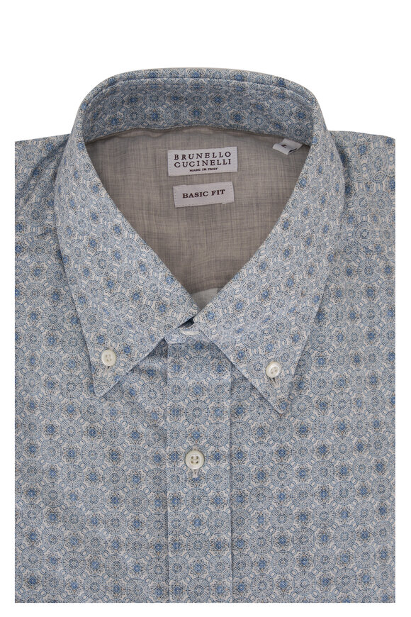 Brunello Cucinelli Blue Geometric Print Cotton Sport Shirt