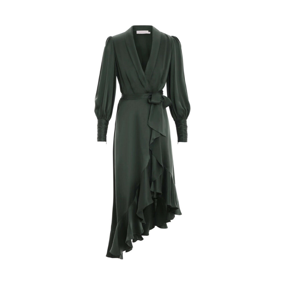 Zimmermann - Dark Green Silk Wrap Midi Dress | Mitchell Stores Zimmermann - Dark Green Silk Wrap Midi Dress | Mitchell Stores