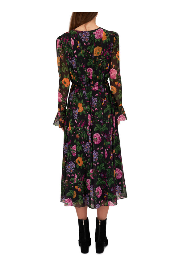 Carolina Herrera - Black Multi Floral Plunging V-Neck Midi Dress