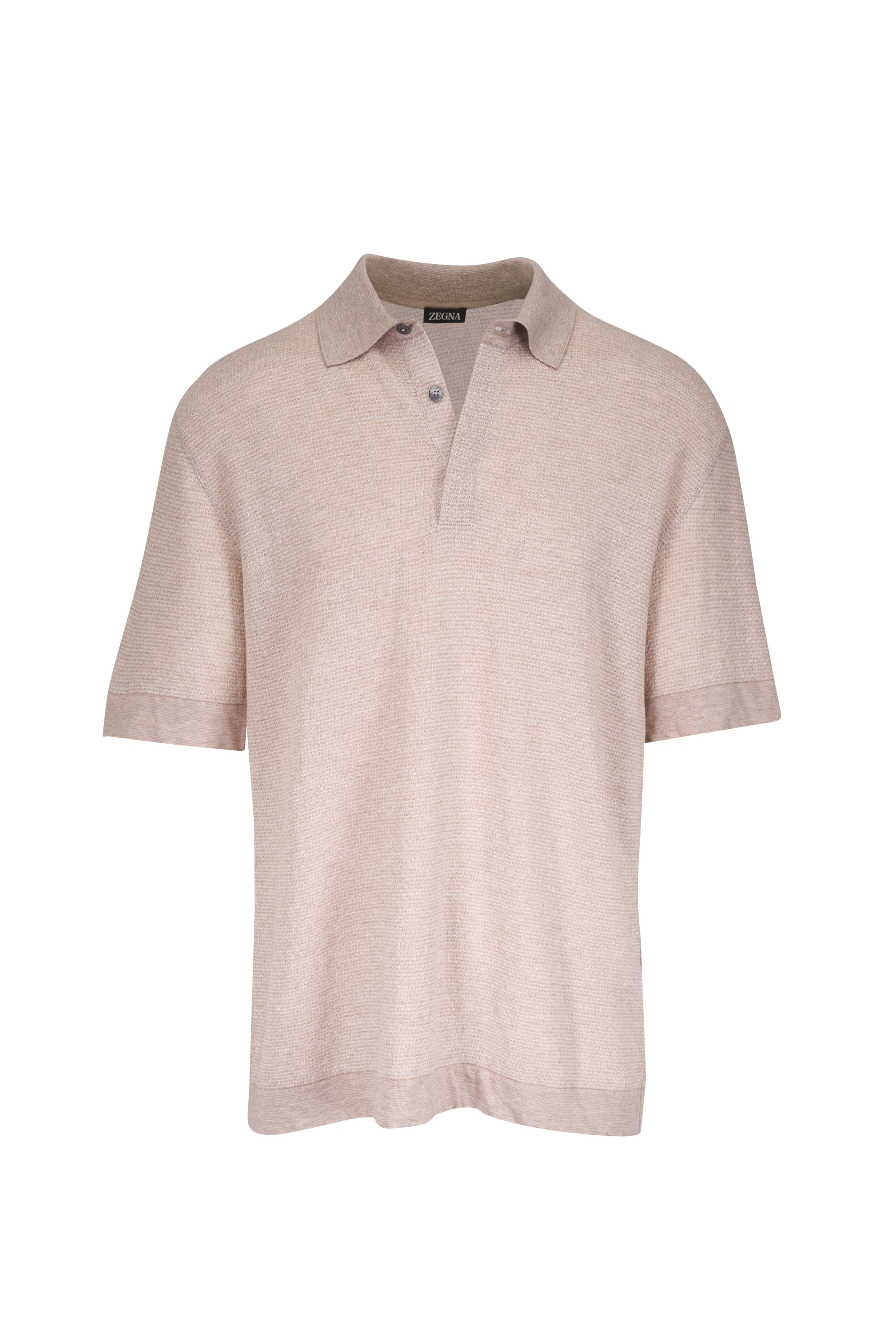 Ermenegildo Zegna COUTURE カシミヤ シルク ニットポロ Zegna - Tan & White Textured Cotton, Linen & Silk Polo