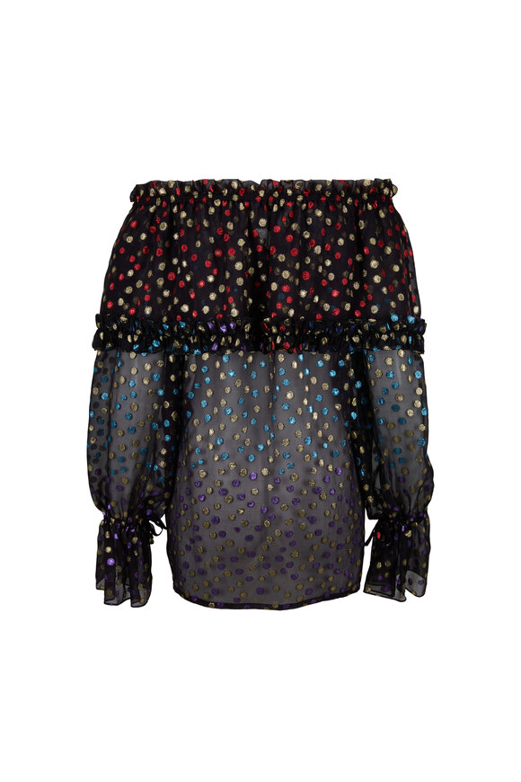 Saint Laurent - Black Metallic Dot Off-The-Shoulder Blouse