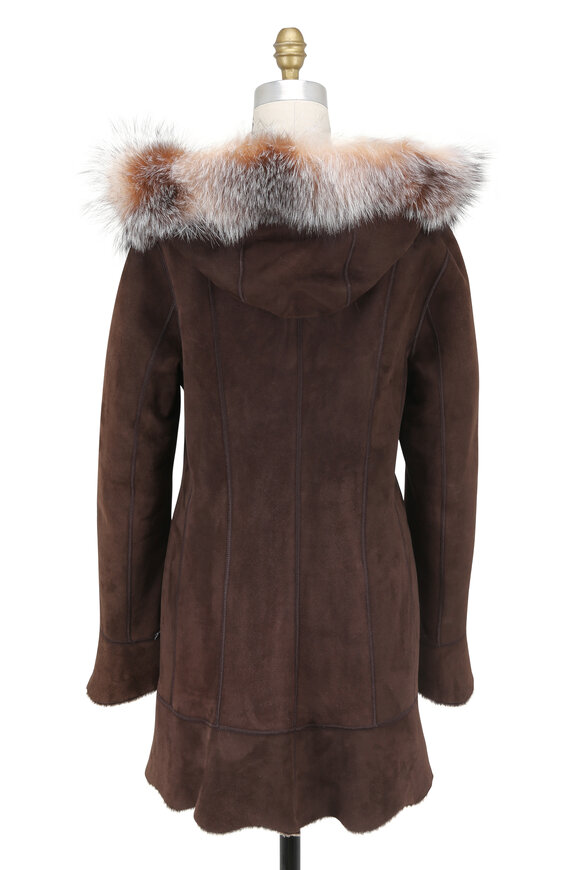 Viktoria Stass - Brown Brisa & Fox Trim Hooded Shearling Coat