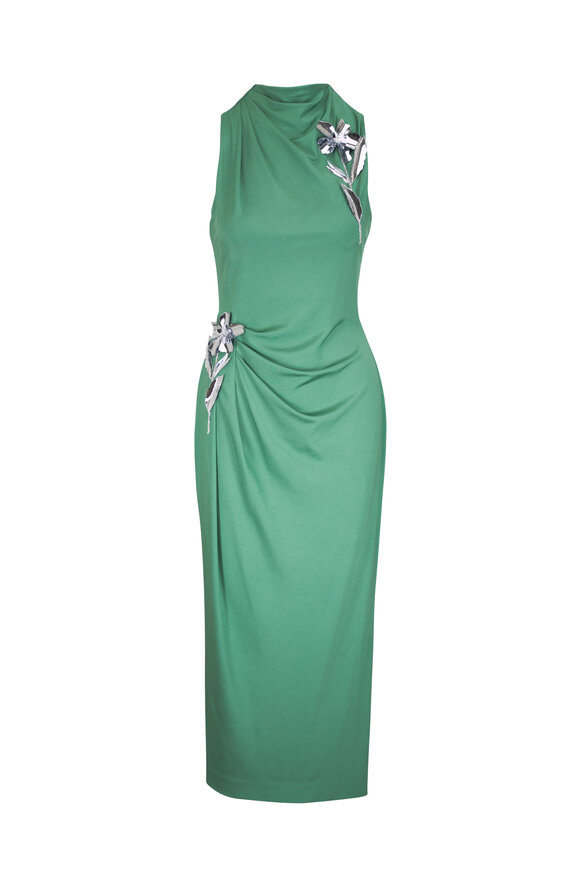 Lela Rose 3D Metallic Embroidered Sage Satin Column Dress - view 1