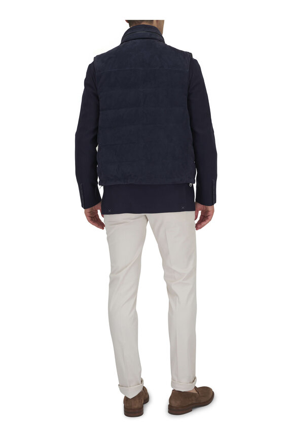 Brunello Cucinelli Navy Suede Down Puffer Vest  - view 4