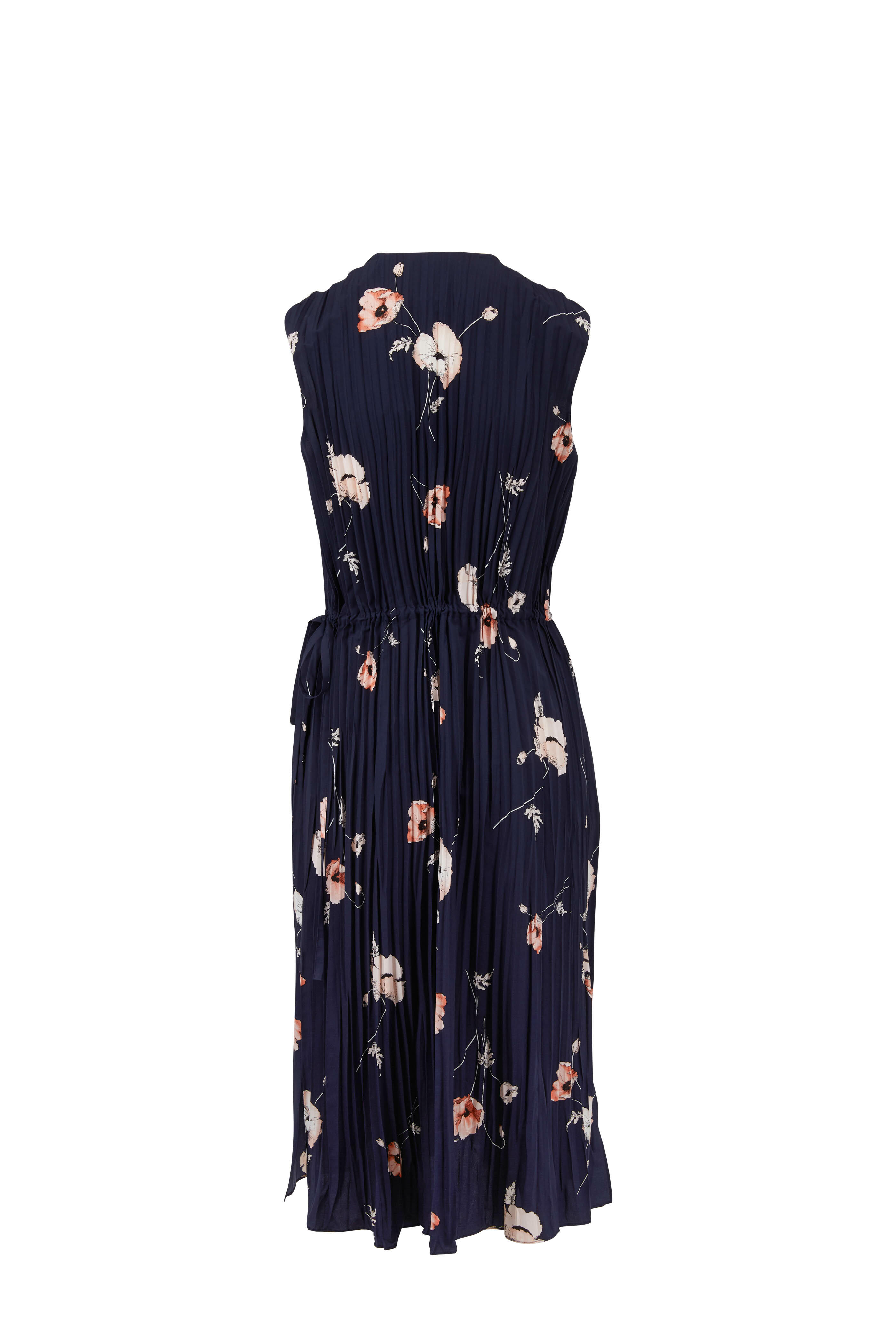 Vince - Marine Tossed Poppy V-Neck Pleated Dress