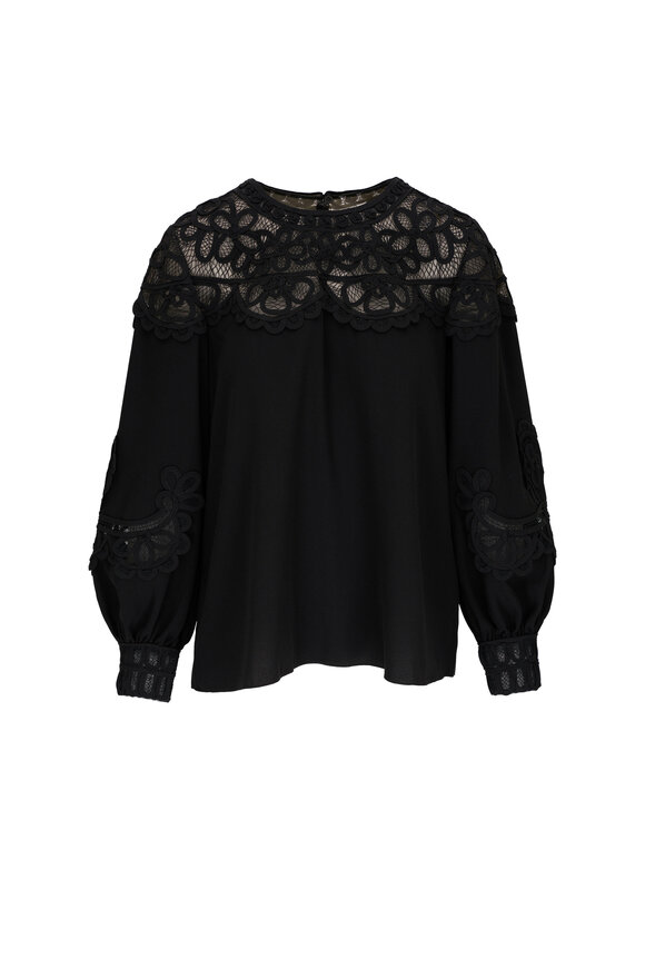 Carolina Herrera - Black Embroidered Puff Sleeve Lace Panel Top 