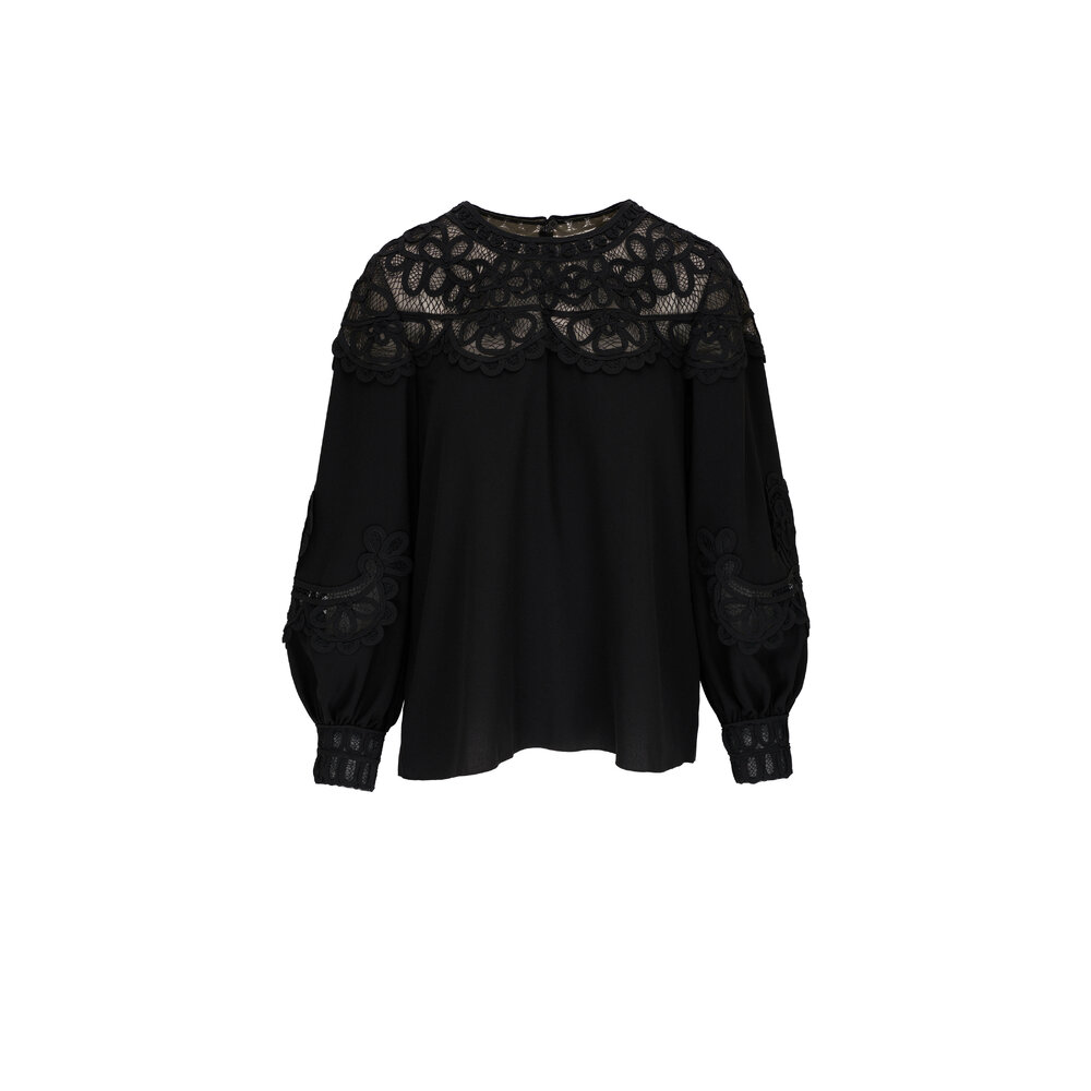 Carolina Herrera - Black Embroidered Puff Sleeve Lace Panel Top