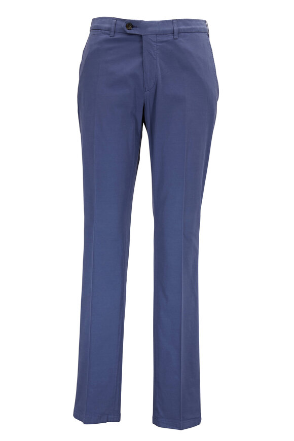 Canali - Blue Flat Front Stretch Cotton & Silk Pant