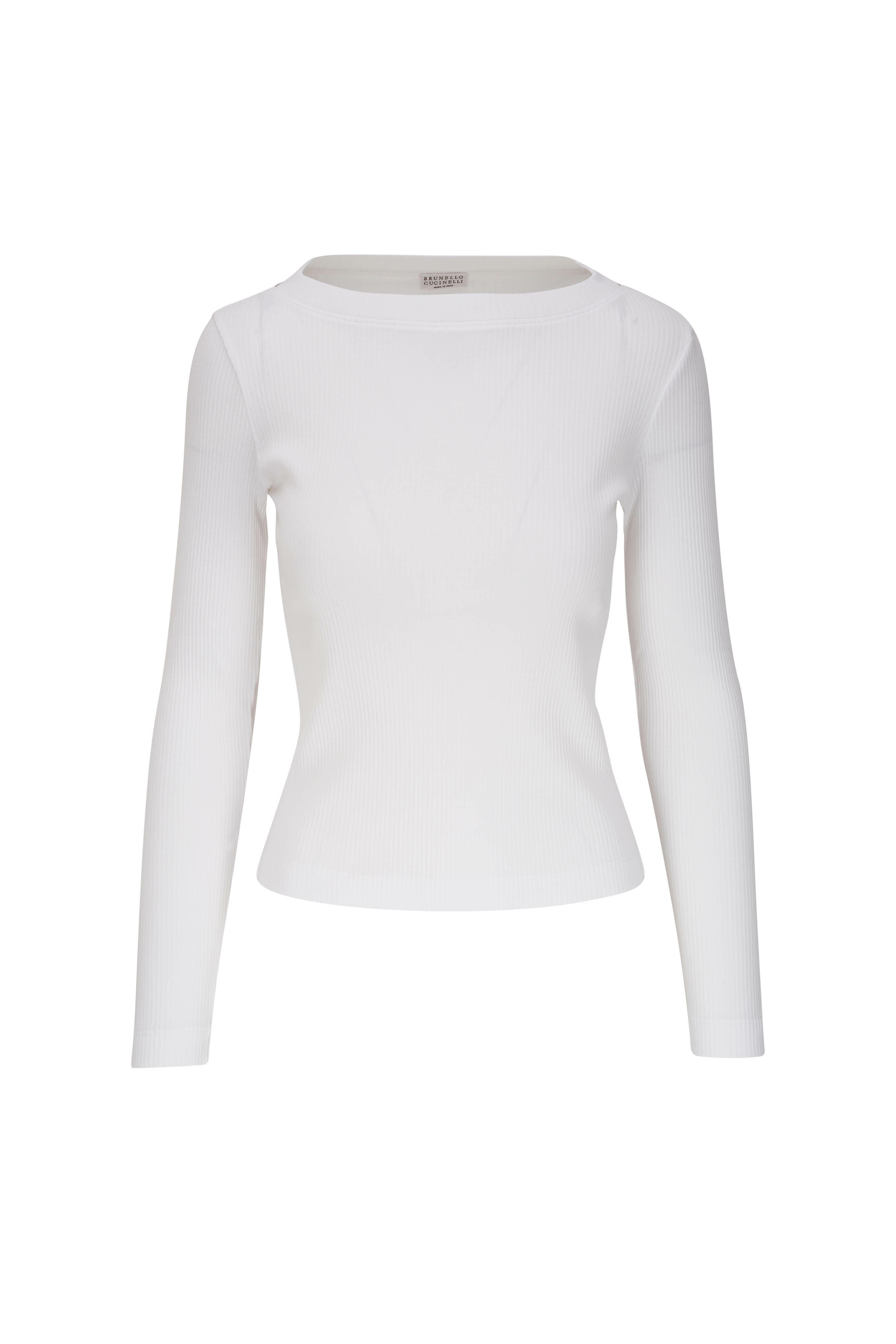 Tシャツ・カットソー Brunello Cucinelli Long-Sleeve White Knit Top With Unique Brunello Cucinelli - Warm White Lurex Boatneck Knit Top