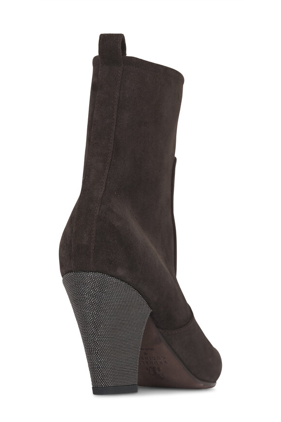 Brunello Cucinelli Brown Suede Monili Block Heel Bootie, 85mm - view 7