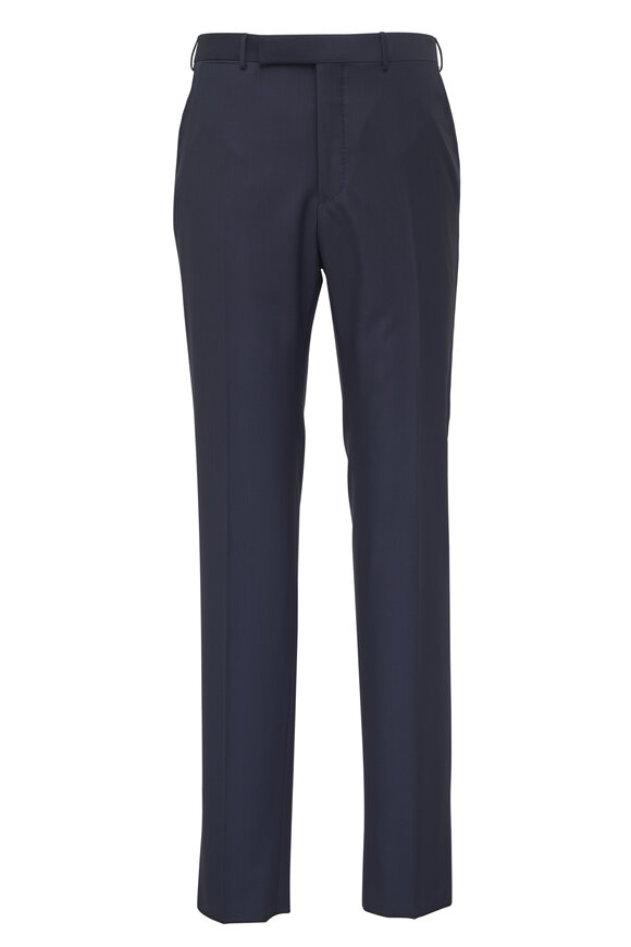 Zegna Transeasonal Navy Blue Flat Front Wool Pant