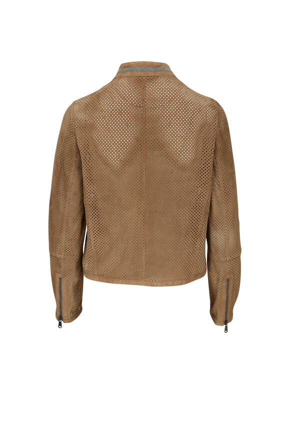 Brunello Cucinelli - Rustic Taupe Perforated Suede Moto Jacket