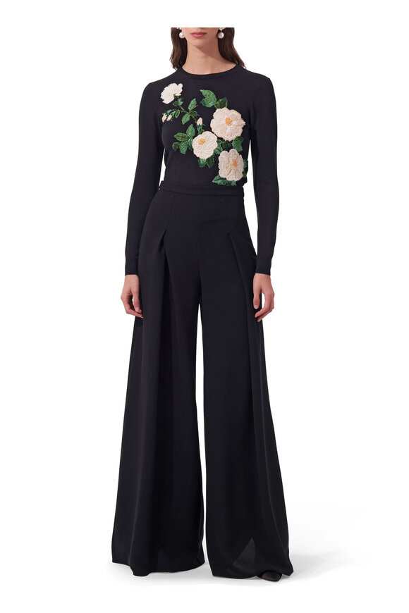 Carolina Herrera - Intarsia Black Floral Embroidered Sweater 