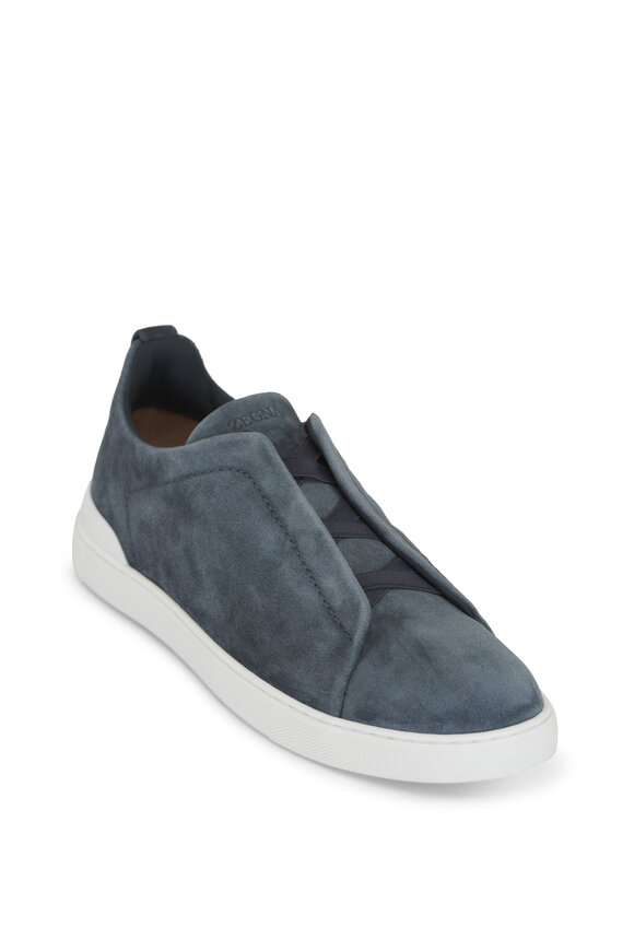 Zegna Triple Stitch Slate Suede Low Top Sneaker