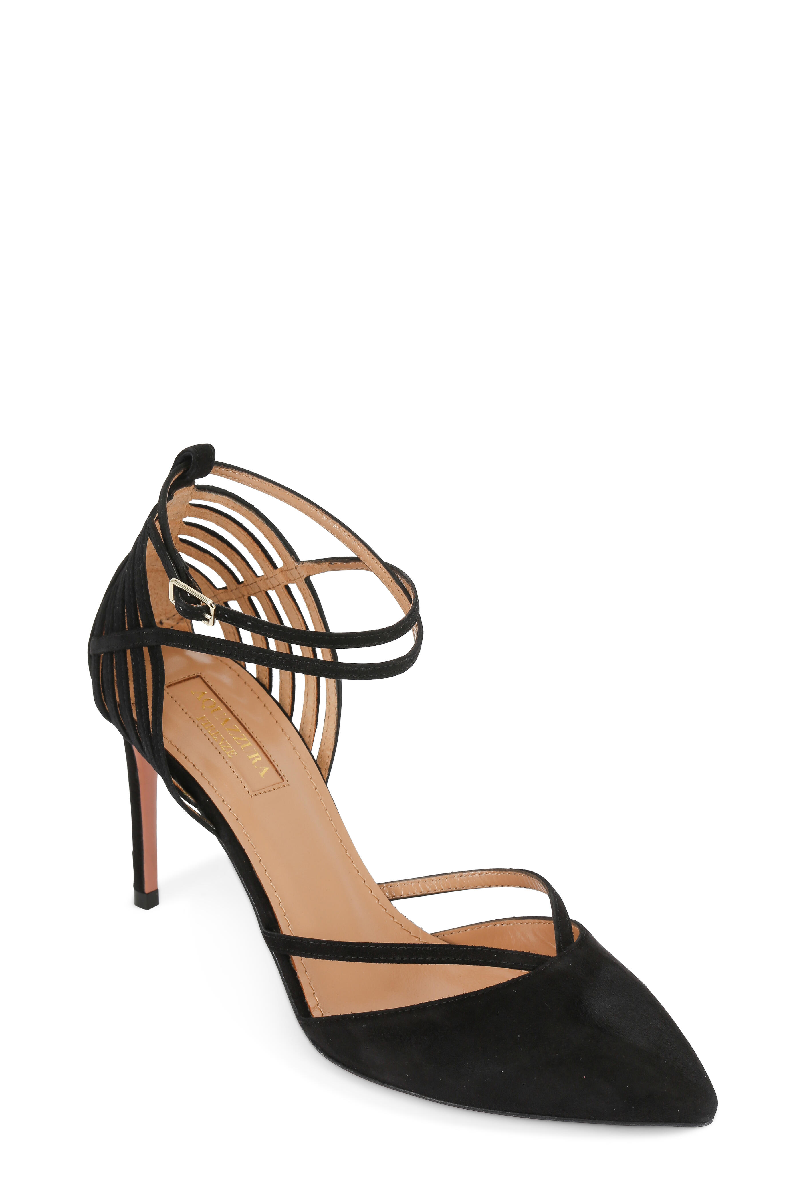 Aquazzura - Crosswalk Black Suede Strappy D'Orsay Pump, 85mm