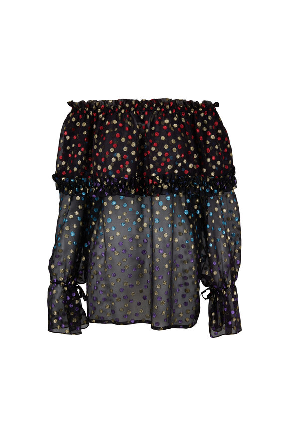 Saint Laurent - Black Metallic Dot Off-The-Shoulder Blouse