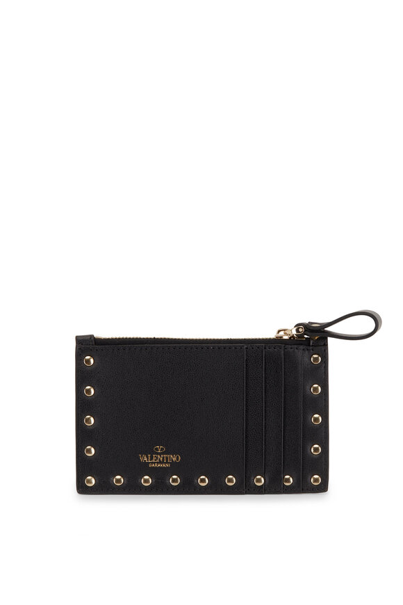 ★人気★ Valentino Rockstud Card Holder with Zipper Black Rockstud Calfskin Cardholder With Zipper for Woman in Black