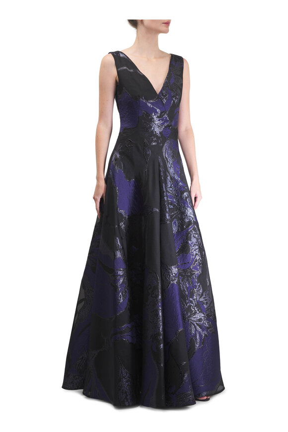 Talbot Runhof Black & Navy Jacquard V-Neck Gown - view 2