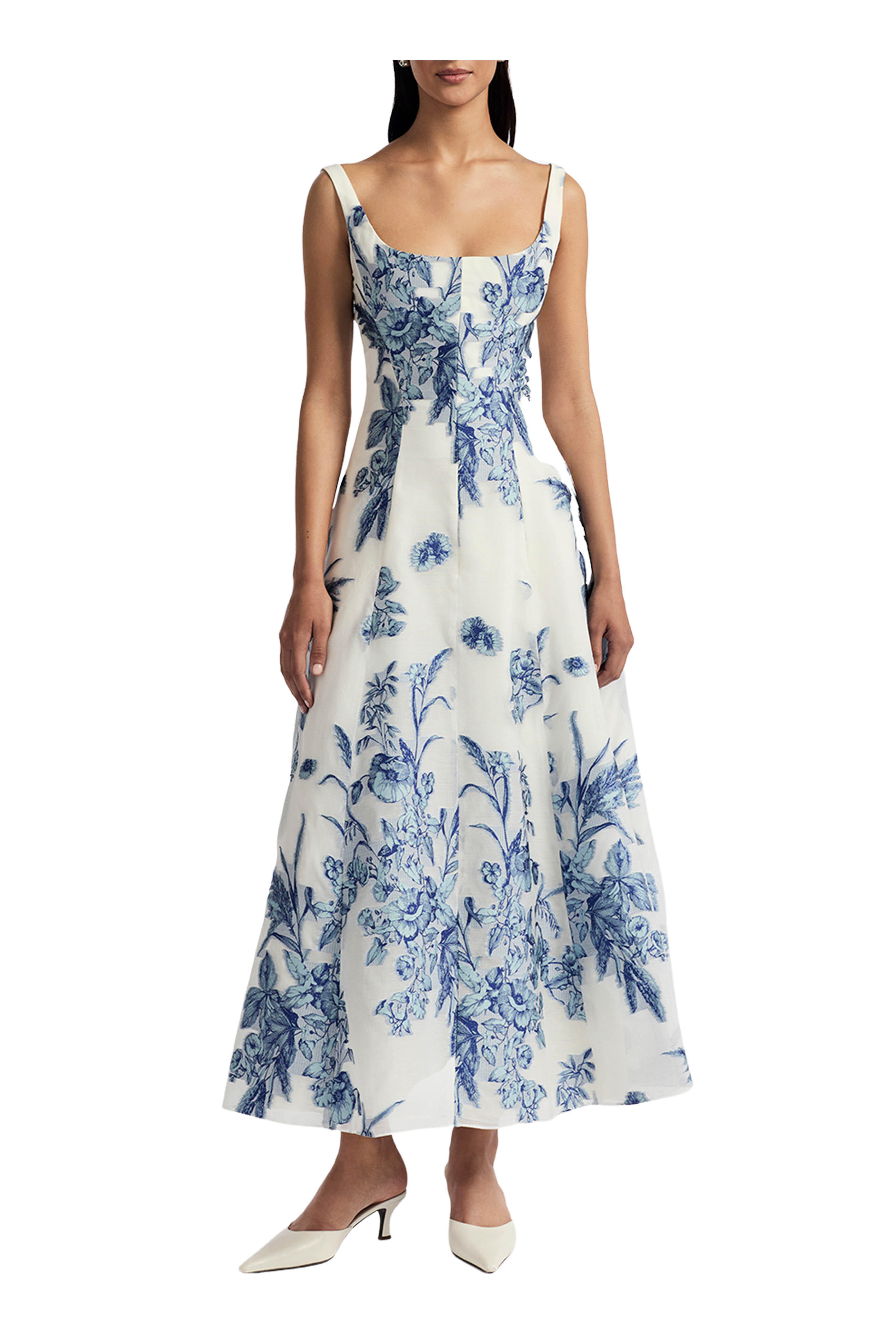 Lela Rose - Powder Blue & White Floral Fil Coupe Midi Dress