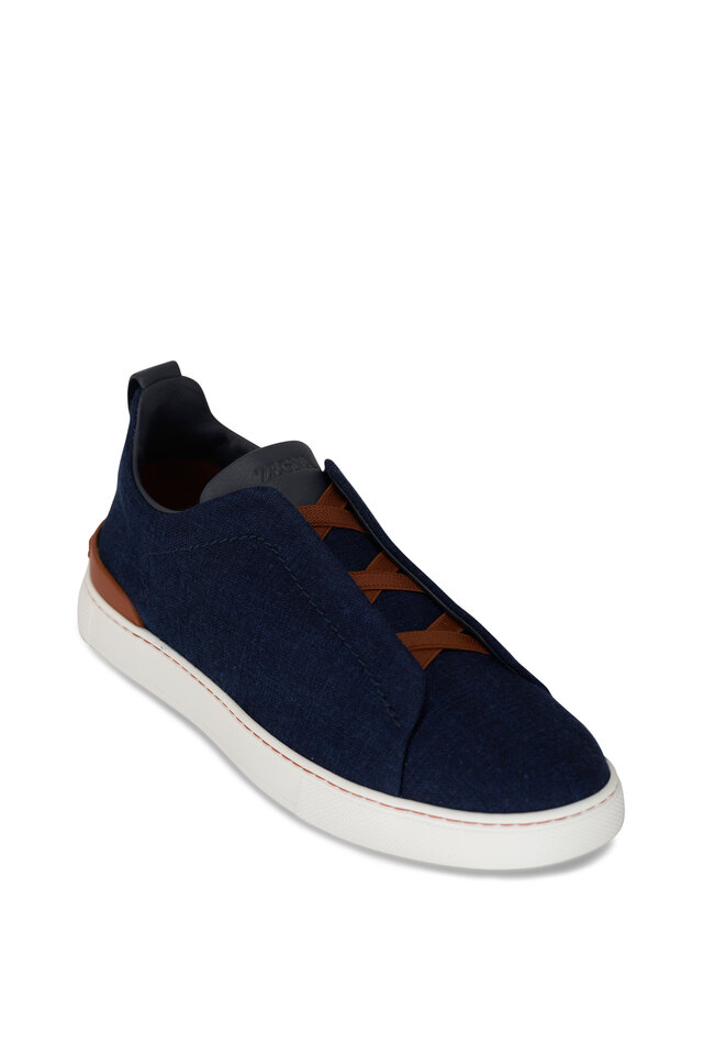 Zegna - Triple Stitch Navy Leather & Suede Low Top Sneaker