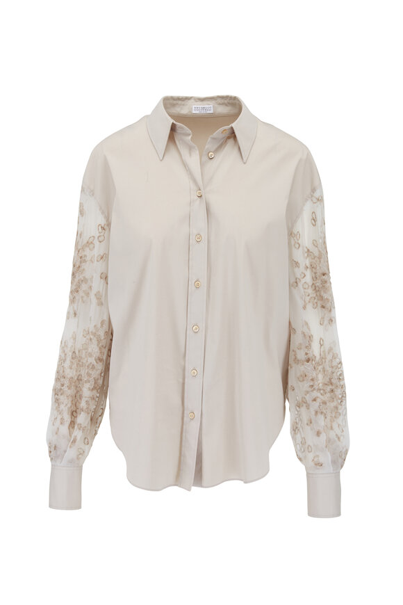 Brunello Cucinelli - Oat Sheer Puff Sleeve Button Down Blouse