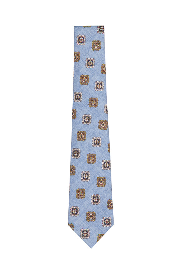 Kiton Light Blue Geometric Silk Necktie - view 1
