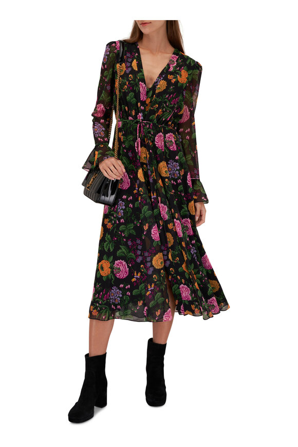 Carolina Herrera - Black Multi Floral Plunging V-Neck Midi Dress