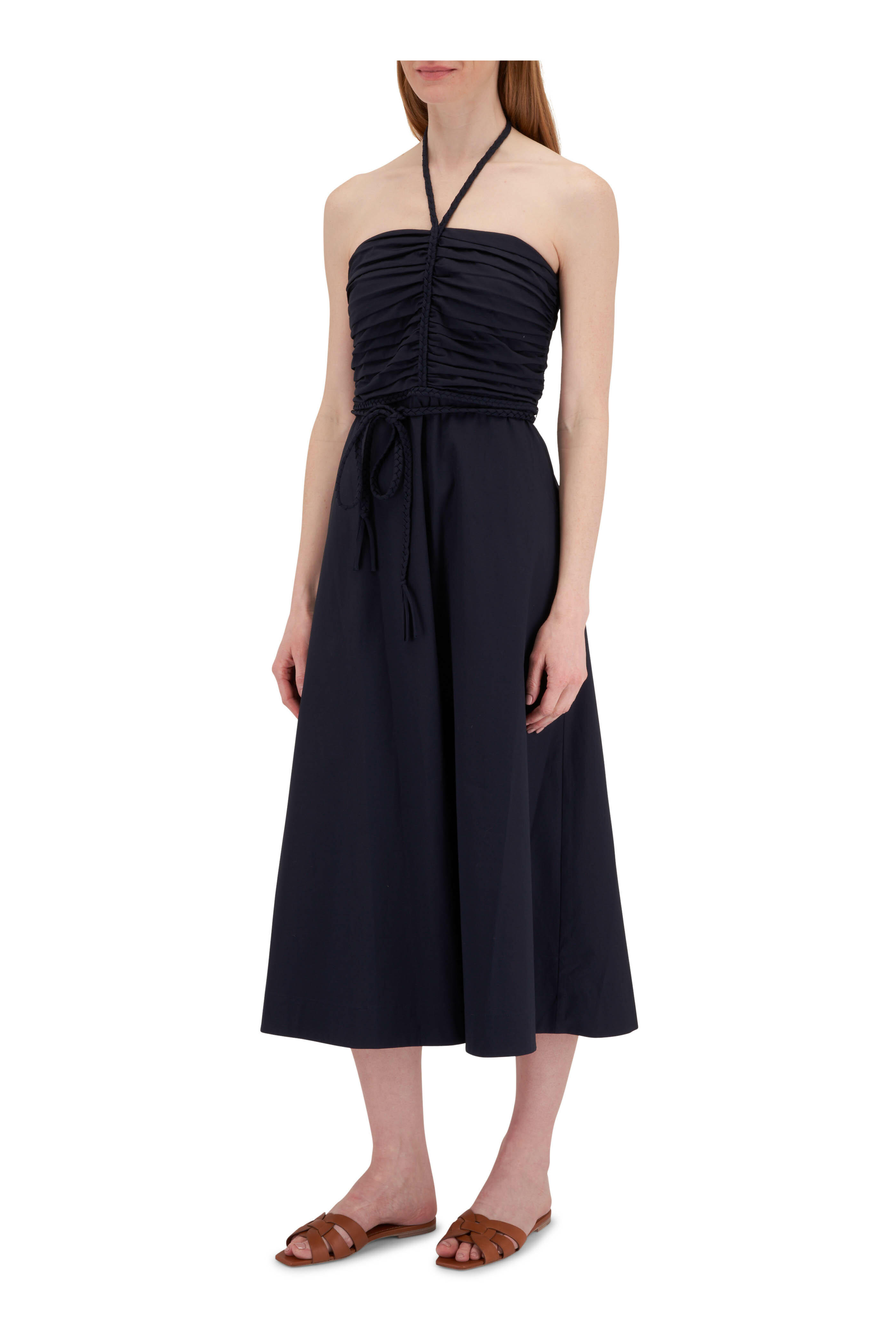 Veronica Beard Tucker Navy Cotton Midi Halter Dress