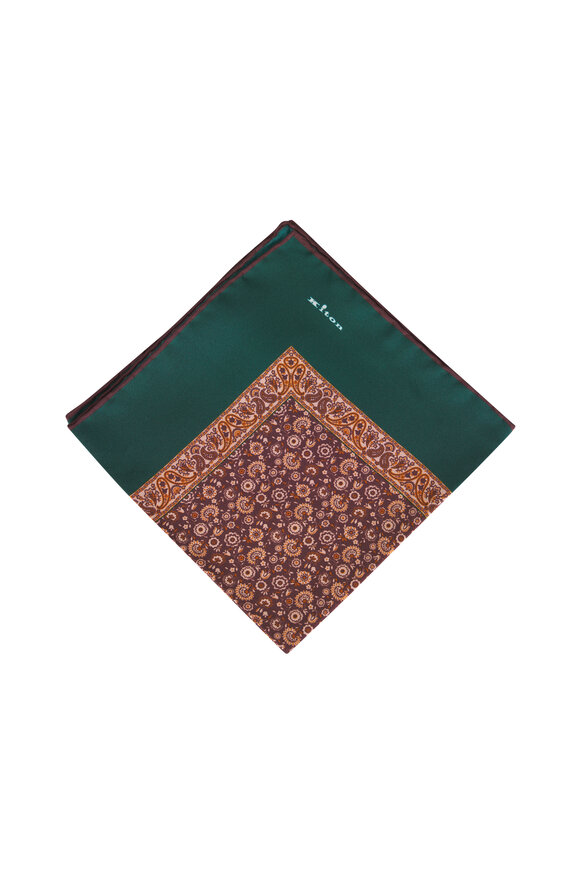 Kiton Green & Tan Floral Silk Pocket Square - view 1