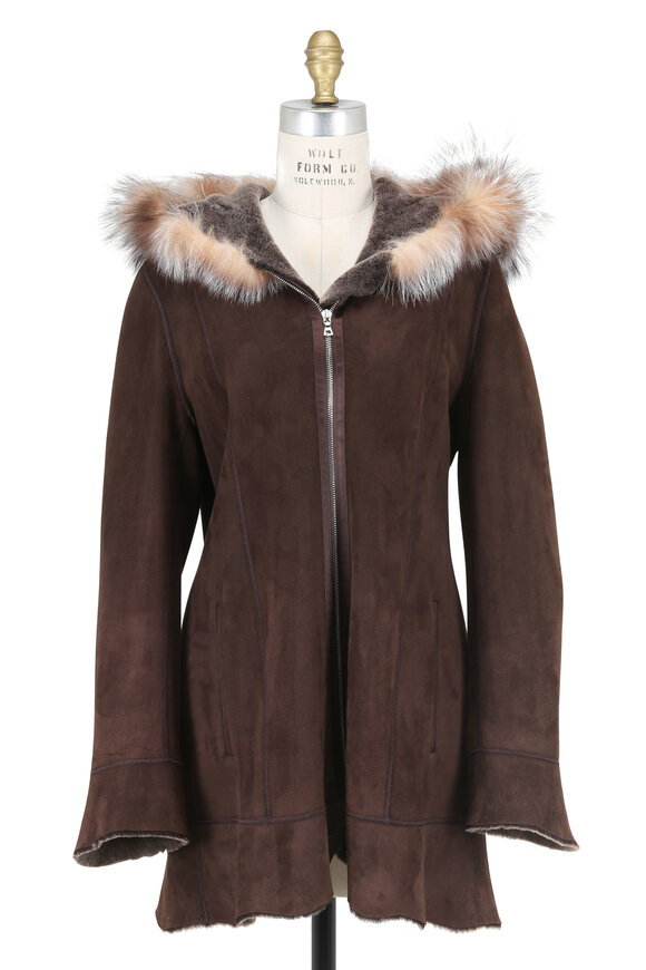 Viktoria Stass - Brown Brisa & Fox Trim Hooded Shearling Coat