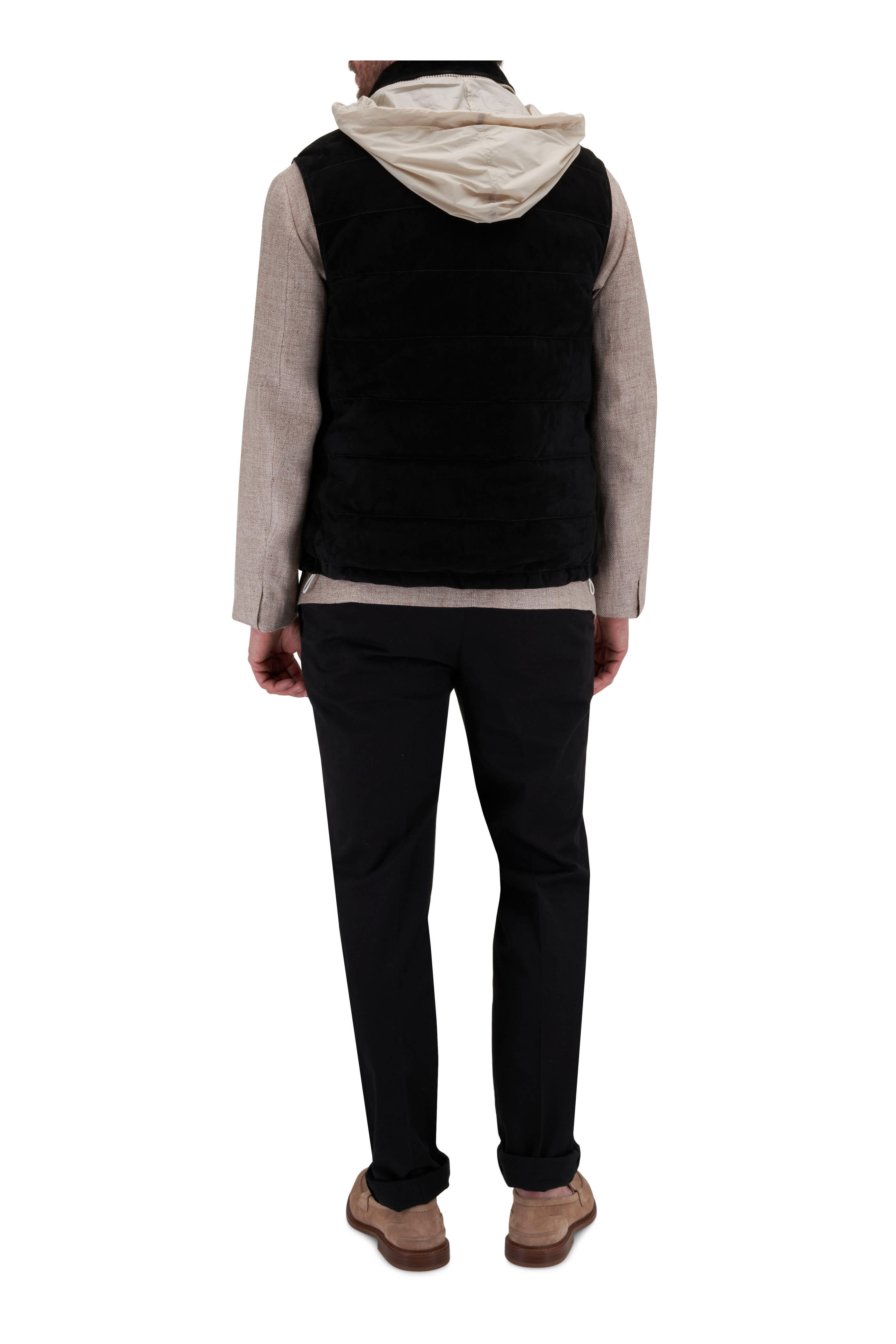 Brunello Cucinelli - Black Suede Down Vest | Mitchell Stores