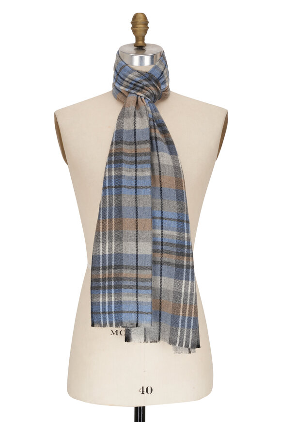 Chelsey Imports Blue & Taupe Plaid Cashmere Scarf