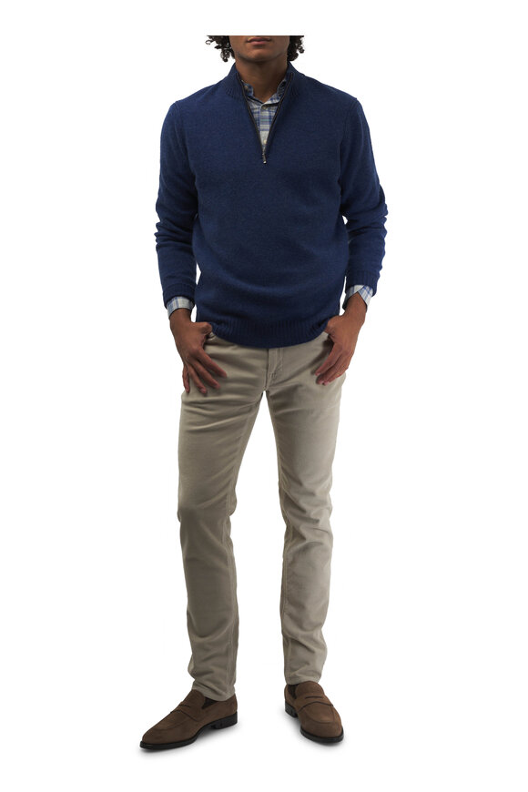 Kinross - Navy Piqué Plaited Cashmere Quarter Zip Sweater