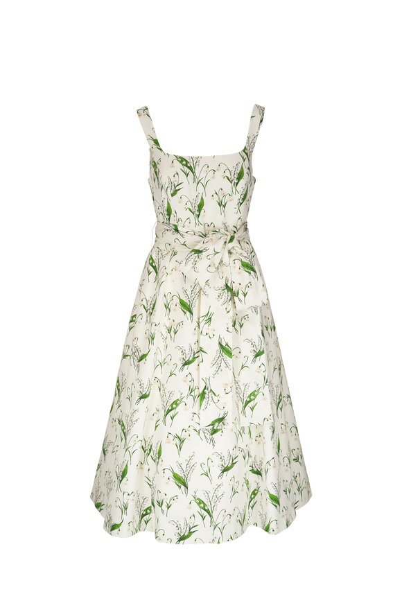 Carolina Herrera White & Green Floral Print Midi Dress