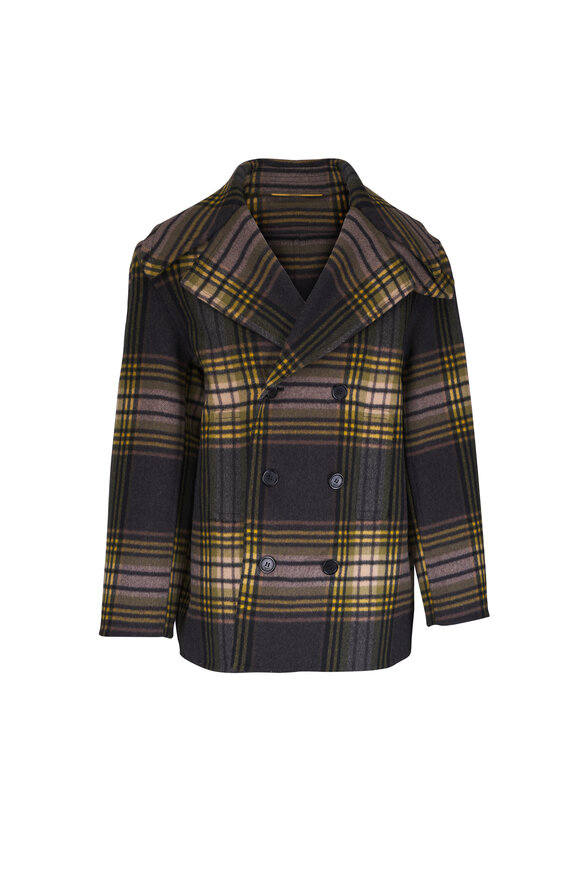 Saint Laurent Black, Yellow & Green Tartan Wool Peacoat