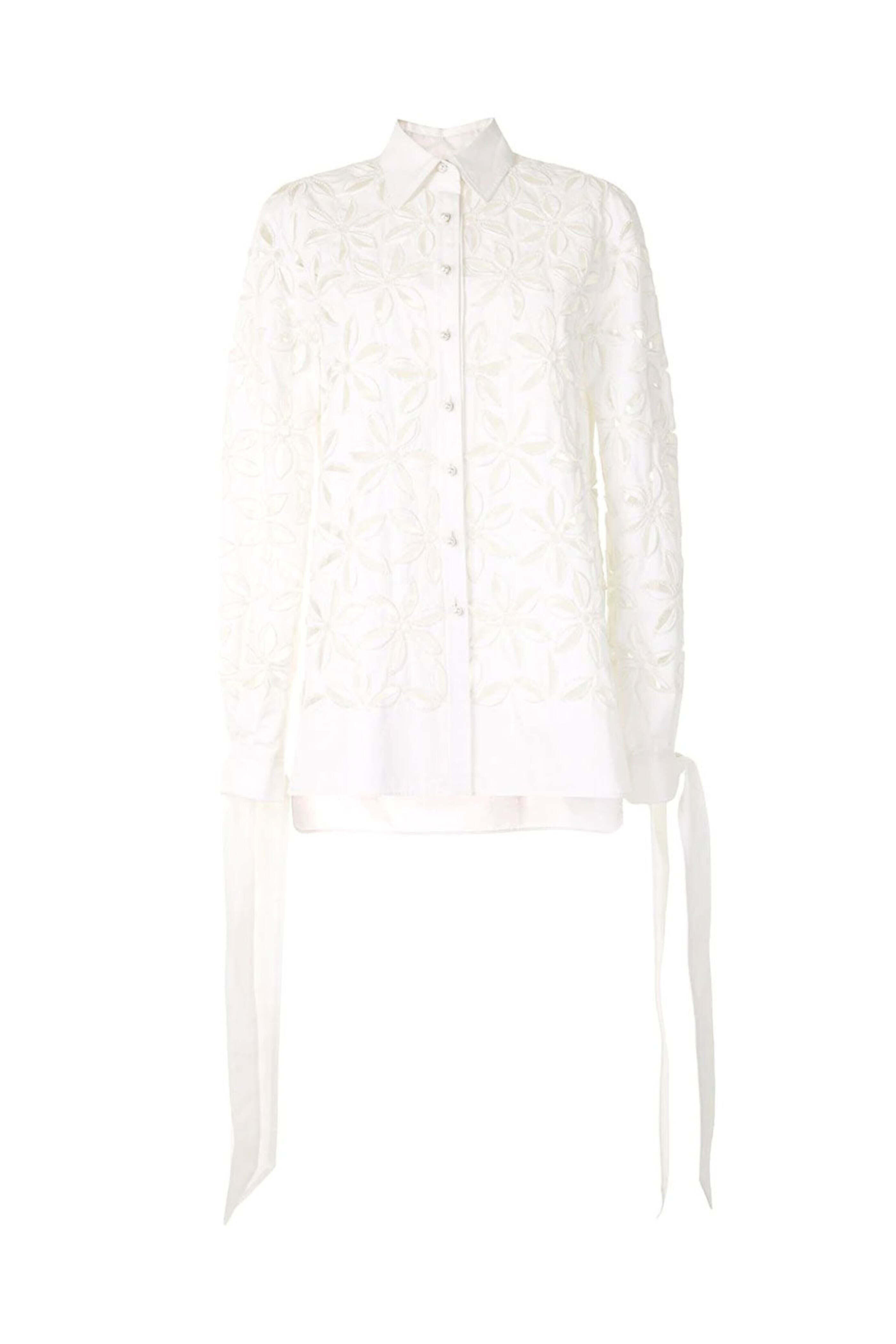 Carolina Herrera - White Floral Cut Out Tie Sleeve Blouse