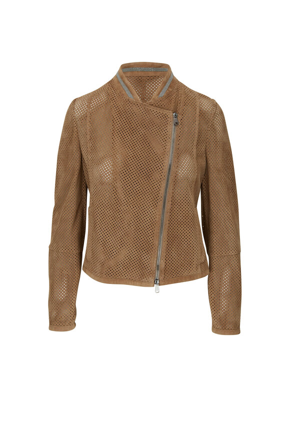 Brunello Cucinelli - Rustic Taupe Perforated Suede Moto Jacket