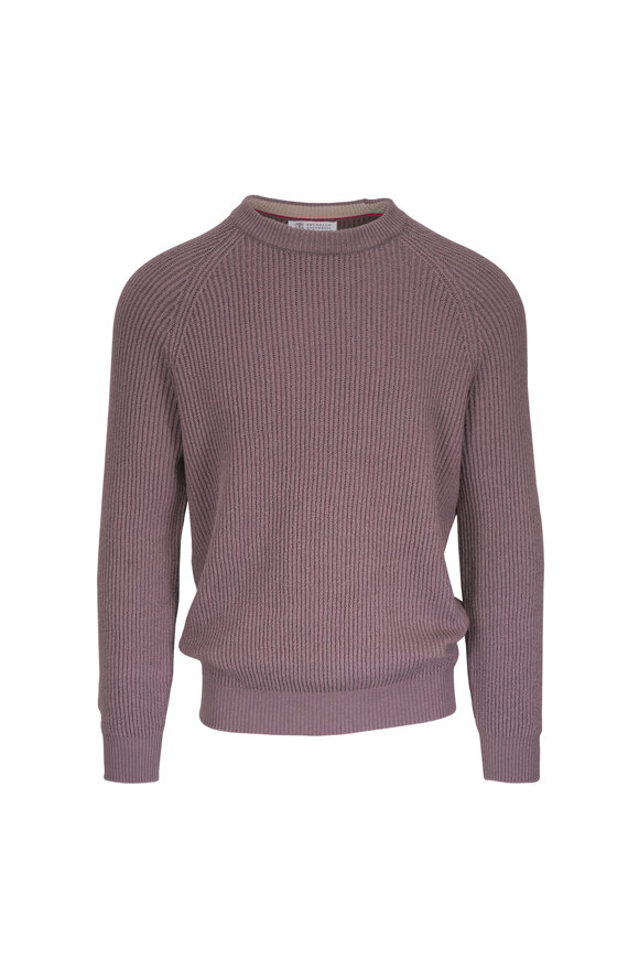 Brunello Cucinelli Nocciola Brown Cotton Ribbed Crewneck Sweater