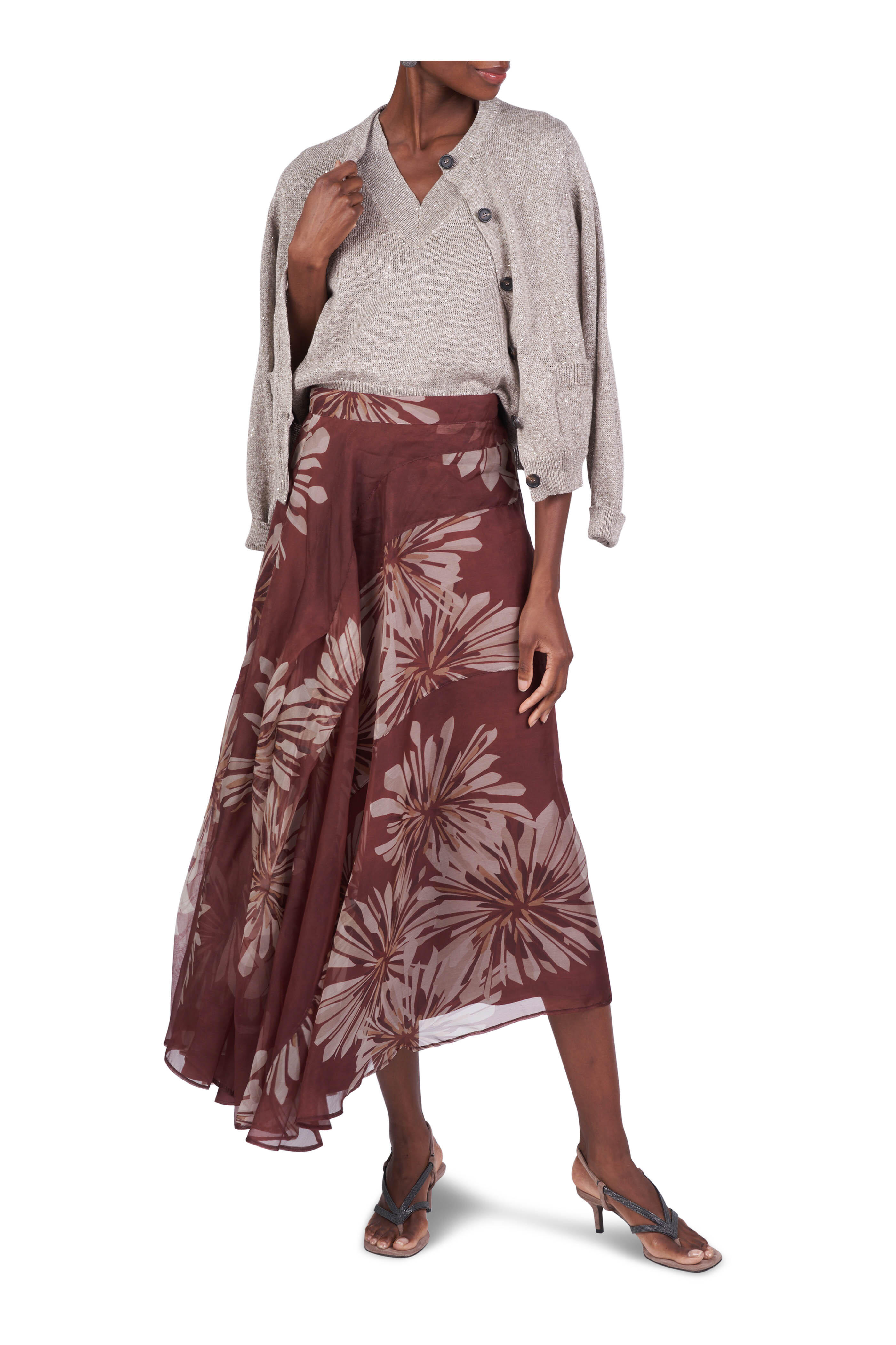 Brunello Cucinelli - Abstract Dhalia Bloom Print Asymmetrical Skirt