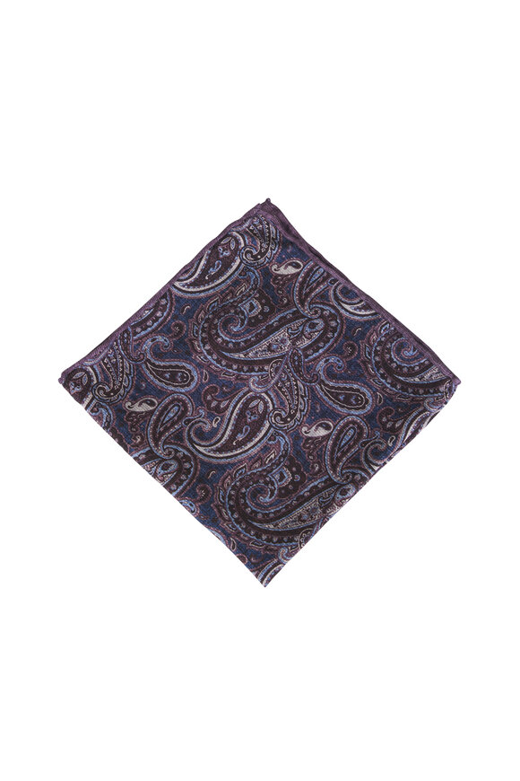Kiton Navy Blue Paisley Silk Pocket Square - view 2
