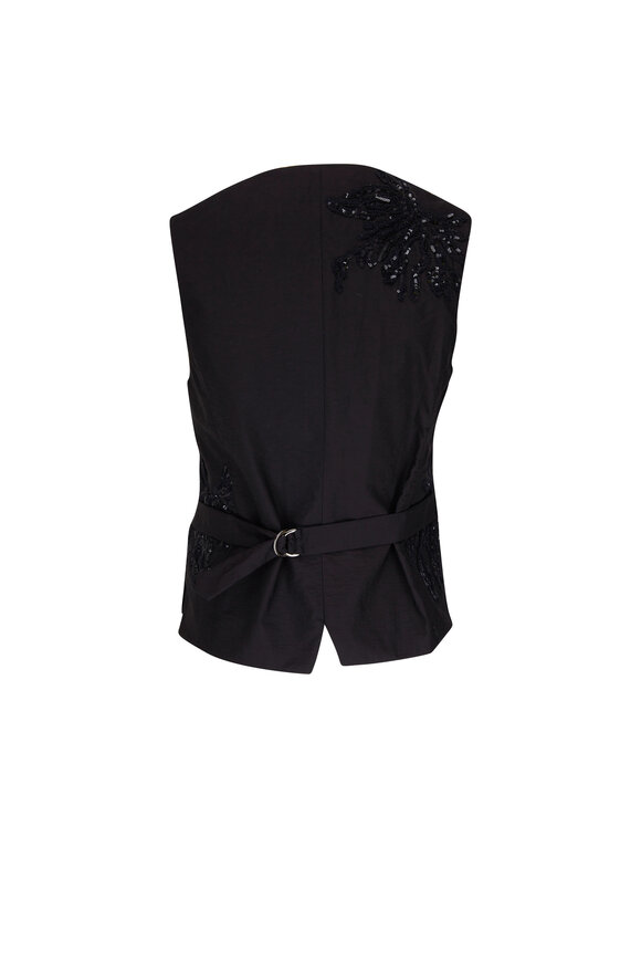 Brunello Cucinelli - Black Embroidered Crinkle Cotton Vest