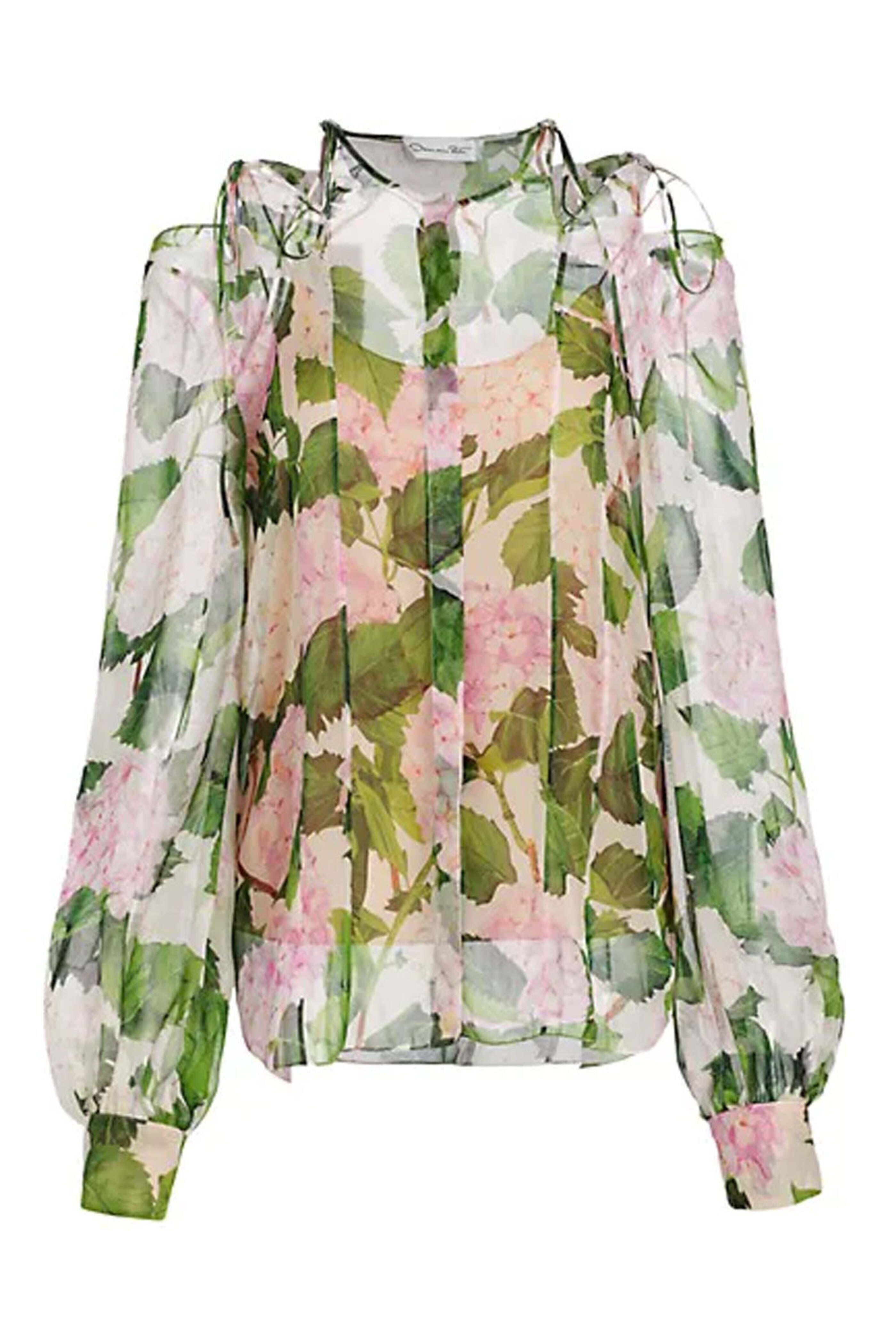 Oscar de la Renta - Pink Hydrangea Tie Neck Blouse