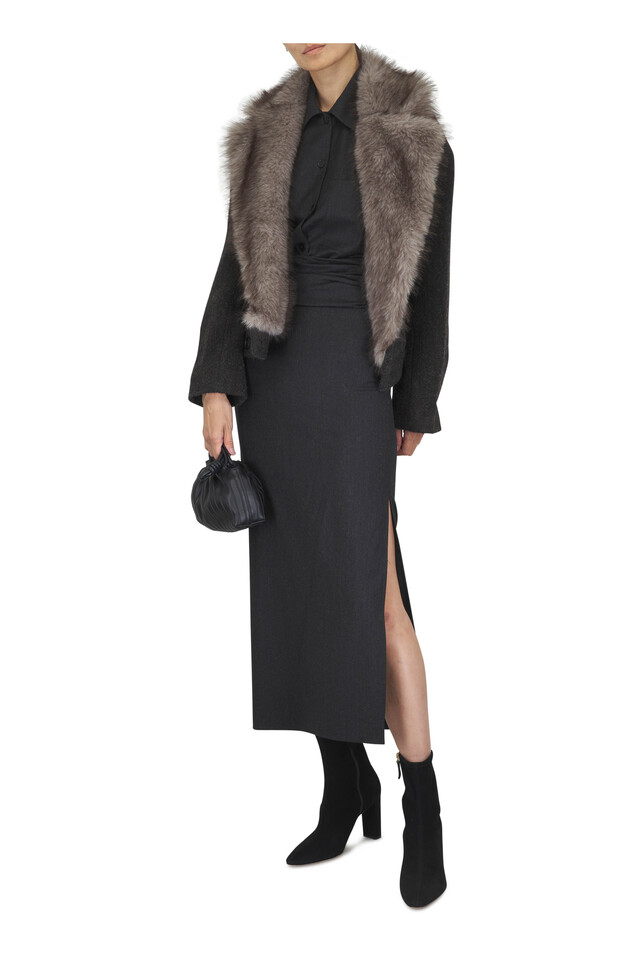 Designer outfit featuring Flamenco Pleats Black Leather Chain Clutch, Marcella Black Suede Boot, 75mm and 1 other piece