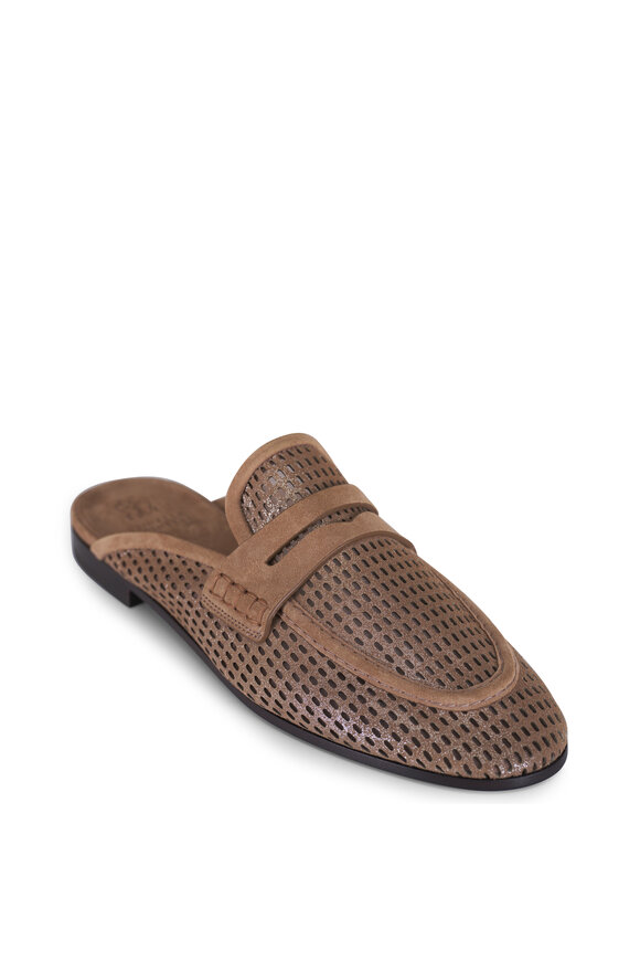 Brunello Cucinelli Brown Laminated Leather Sparking Net Mule